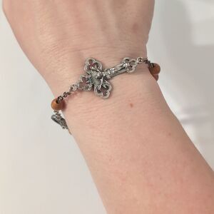 838 Wood‎ Beaded Silver Chain Link Silver Cross and Charm Religious Bracelet